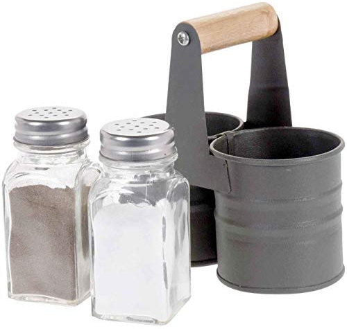 Saliera e pepiera in vetro con supporto in metallo