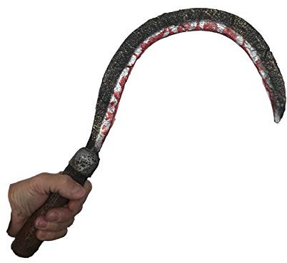Rubber Johnnies , Grim Reaper Sickle, Fake WEAPON, Bloody, Scary Blood Stained Scythe, Halloween Accessorie, Realistic Foam Prop, Costume WEAPONS