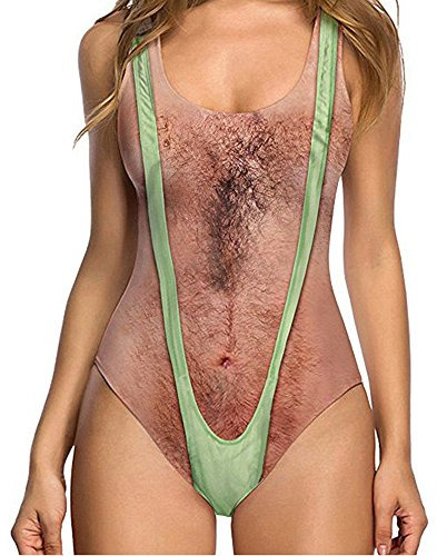 waitFOR Women Sexy High Cut One Piece Swimsuit Funny Bathing Suit Monokini Swimwear Tummy Control Chest Hair Sexy 3D Lingerie Printed Swimming Costume White