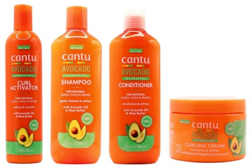 Cantu Champú hidratante de aguacate, acondicionador, crema rizadora y crema activadora de rizos (juego de 4)