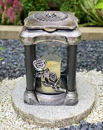 Grablampe Handmade NEU Rose-Motiv Silber Grablicht Grabkerze Grabdekoration Grabschmuck Gartenlampe incl.Grabkerze.