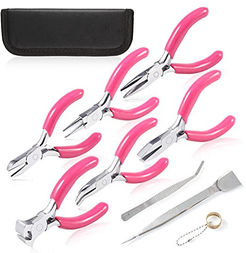 SPEEDWOX Lot de 10 pinces à bijoux 7,6 cm avec pince coupante, bec rond, long, plat, épiler pochette rangement et pelle pour loisirs créatifs, Rose, S