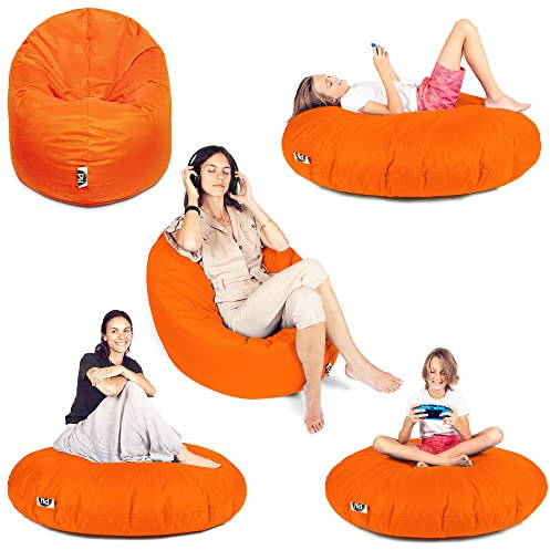 PATCH HOME Sitzsack 2 in 1 Sitzkissen Bodenkissen für Erwachsene & Kinder - Gaming mit Füllung Kissen Sessel BeanBag (Ø 125cm, Orange)