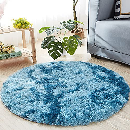 MARATIP Teppich Rund Kinderzimmer 100 cm Pfauenblau Schlafzimmer Hochflor-Teppich Waschbarer Buro Weicher Flauschige Modern
