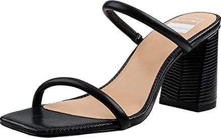BCTEX COLL Women's High Heeled Sandals Two Strap Square Toe Slip on Comfortable Chunky Strappy Heels for Women, Black, Size 9