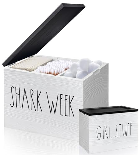 MISTOD Tampon Holder for Bathroom, Pad And Tampon Organizer with Tray Lid, Wood Feminine Product Organizer Shark Week Tampon Storage, Bathroom Accessories Small Storage Box - White