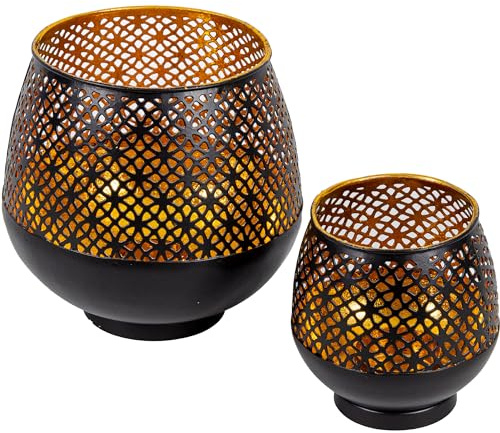 Gadgy Portavelas Negro Dorado - Portavelas de Mesa 2 Piezas - Portavelas de Metal con Ornamentos - Portavelas Decorativo de Metal Negro - Decoración de Mesa Portavelas Negro - 10 x 9 cm & 16 x 15 cm