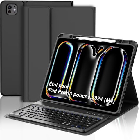 AVNICUD M4-fodral för iPad Pro 13 (modell 2024, 7:e generationen), iPad 7:e generationens tangentbordsfodral med pennfack, AZERTY iPad Bluetooth-tangentbord för iPad Pro13, svart