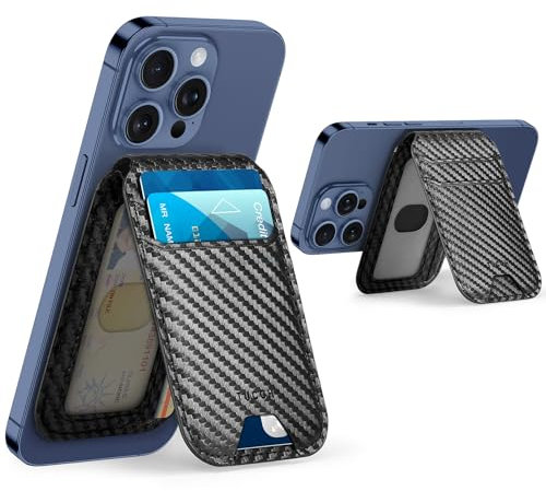 TUCCH Tarjeteros Soporte Ajustable, 5 Tarjetas Cuero Sintético Bloqueo RFID Billetera Magnética Ventana ID Todo-en-uno para Serie iPhone 16/15/14/13/12 NO para iPhone 13/12 Mini - Fibra Carbono Negro