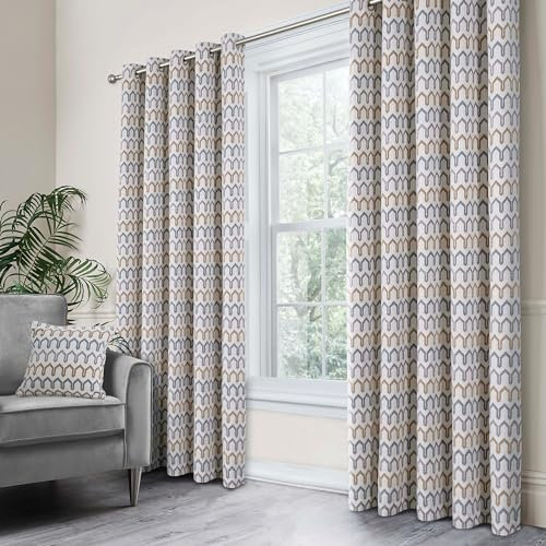 Curtina - Grey Woven Curtains W66 x L90 (168 x 229cm) - Geometric Eyelet Curtains in Grey/Natural Tones - Chenille Pattern Drapes for Living Room/Bedroom - Door Curtain - Arcadia Collection