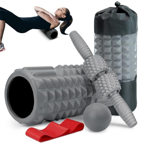 Krightlink Set di rulli in schiuma 5 in 1, con bastone per massaggi, palla massaggiante, fascia di resistenza per massaggio muscolare profondo, rilascio dei punti trigger, pilates, yoga (grigio)