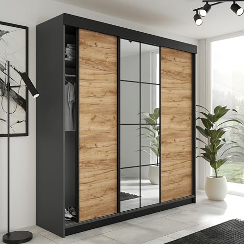 KIER FURNITURE Armoire Dressing LAMARO Graphite/Chêne Craft 200x205x59 cm | Armoire dressing spacieuse avec rangement pratique pour vêtements et linge, idéale pour chambre adulte ou enfant