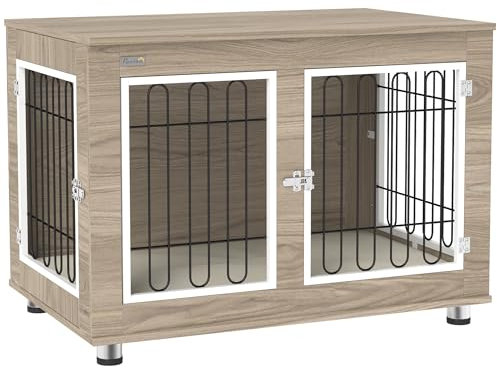 PawHut Hundekäfig, Möbel, Hundekäfig, für den Innenbereich, Beistelltisch vielseitig mit Doppeltür und Kissen – Hundehütte für mittelgroße und große Hunde – 90 x 58 x 65 cm, Walnussoptik