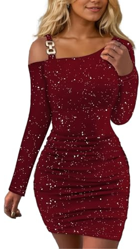 EMOTTOS Women's Sexy Sequin Mini Dress, Going Out Dresses Off Shoulder Square Buckle Sloping Shoulders Wrap Dress, Bottom Waist Pleat Slim Fit Tight Bodycon Dress Party Club, RED, L