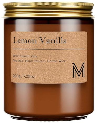 M&SENSE Candele alla Soia 200g, Limone Vaniglia, 35H Combustione, Naturale Candela Non Tossico, Vetro Marrone Vintage, Mano Colata per Aromaterapia Relax, Regalo di Lusso Mamma
