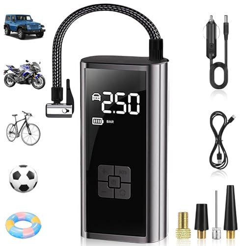 Flinctronic Elektrische Fahrradpumpe, Elektrische Luftpumpe Fahrrad Akku Kompressor, Mini Tragbarer Luftkompressor, Reifenpumpe für Auto Motorrad Bälle, USB-Powerbank(150 PSI/10,3 bar, LED, Autostop)