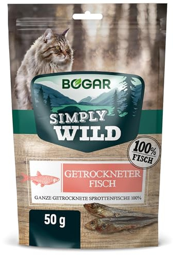 Bogar - Simply Wild - Snack gatti - Snack per cani - Cibo per gatti complementare - Pesce essiccato - Mangiare per gatto sotto forma di pesce spratto intero - Premietti per cani - 50g