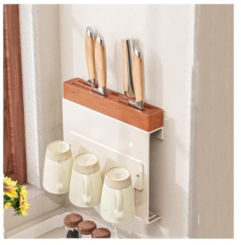 Dxcaicc Portacuchillos De Cocina con Portavasos, Portacuchillos Universal De Madera De Acacia 6 En 1, Mmultifunción Bloque De Cuchillos De Ventilación De Pared para Familia, Restaurante,C,13 Inch