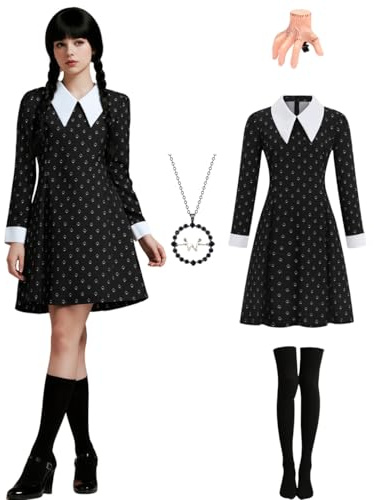 Velmawig Wednesday Costume Women, Adults Halloween Carnival Costume Gothic Family Cosplay Black Dress with Playing Card Motif & Wig, Knee Stockings, Chain, Hair Clip VL047M