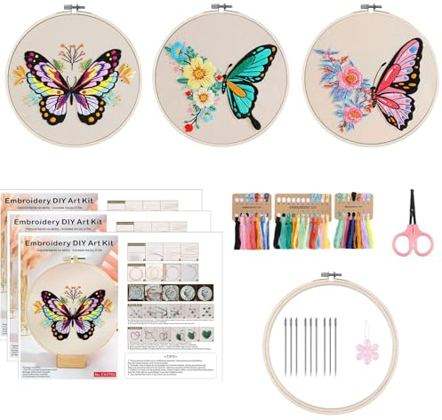 OUTALIZ 3 Set di Kit da Ricamo per Principianti, Kit di Artigianato a Mano, Ricamo Principianti di Farfalla, Kit Contiene 1 Cerchio di Plastica Fili Colorati Strumenti Istruzioni, per Artigianato