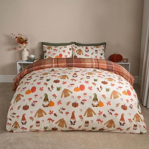 OHS Autumn Double Duvet Set, Ultra Soft Warm Cosy Microfibre Pumpkin Halloween Bedding Luxury Check Reversible Quilt Cover Double Bedding Set with Pillowcases, Cream/Rust
