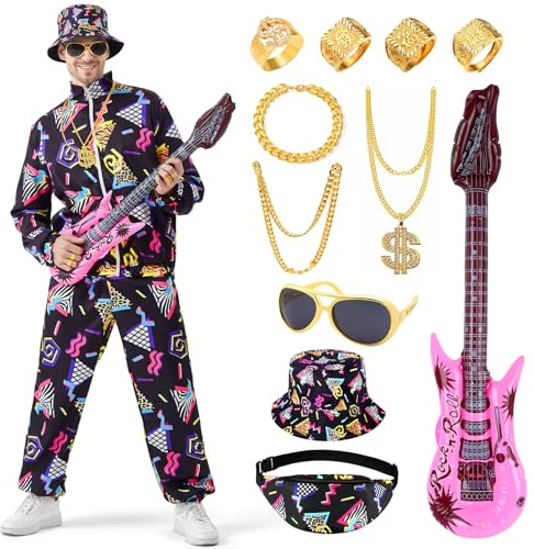 Cheffery Disfraz Años 80 90 Hombre, Disfraz Chandal Retro Años 80 Hombre con Chaqueta y Pantalones, Ropa Deportiva Años 80 13 Piezas, Disfraces Carnaval para Carnaval, Disco, Hip Hop, Fiesta, Cosplay