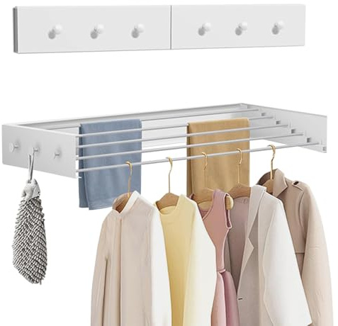 Tvättställ för väggmontering utdragbar, 60 cm kolstål väggtorktumlare avtagbar med 4 krokar platsbesparande design handdukshållare vägg, enkel att fälla ihop, 25 kg lastkapacitet för balkong, rum (80