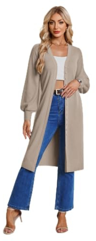GRACE KARIN Women‘s Elegant Lantern Sleeves V-Neck Long Cardigan Stretch Slim Fit Cardigans Light Camel M
