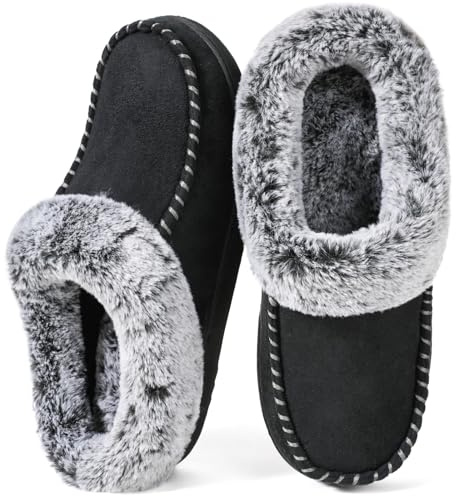 ULTRAIDEAS Women's Memory Foam House Slippers with Hard Bottom, Fur Lined House Shoes with Non-Slip Rubber Sole for Indoor & Outdoor(Black,7-8)