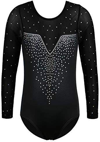 ZNYUNE Kinder Gymnastik Trikot mit Pailletten Mädchen Gymnastikanzug Langarm in Tüll 203 SequinBlack 14A