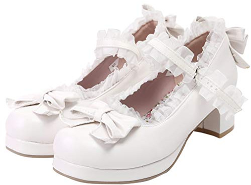 LUXMAX Women Kawaii Mid Block Heel Mary Jane Rockabilly Pumps with Bow Platform Chunky Heel Cute Sweet Shoes, Size 8 M US,White