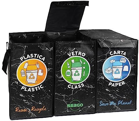 SERGO Borse Raccolta Differenziata con Coperchio - Contenitori Differenziata Interno e Esterno per Plastica, Carta e Vetro - Pattumiera differenziata 3 scomparti Marmo Design