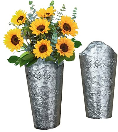 Lily's Home Set of 2 Rustic Farmhouse Galvanized Metal Wall Planters, with Floral Accents for Indoor or Outdoor Artificial Greenery. Rustic Hanging Flower Holders Wall Decor