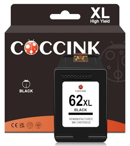 COCCINK 62XL (1 Schwarz) Wiederaufbereitete Druckerpatronen Ersatz für HP 62 XL Schwarz für Envy 5540 5541 5545 5640 5642 5660 7640 7645 OfficeJet 200 250 252 5470 5740 5742 5744 5745 5746 8040 8045