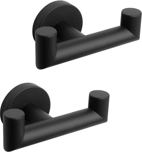 QNIIAED 2 Pcs Double Door Hooks，Bathroom Towel Hooks Screw in SUS 304 Stainless Steel Heavy Duty Robe Coat Hooks Wall Mounted for Bedroom or Kitchen(Matte Black)