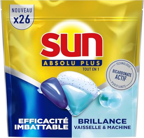 SUN - Absolu Plus Pastilles Lave-Vaisselle Tout en 1 Bicarbonate Actif - 26 Capsules - brillance - tablettes imbattables sur les taches tenaces