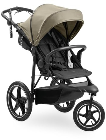 hauck Runner 3, Olive Heavy Duty All-Terrain Stroller with Handbrake, XL Sunshade, Cup Holder, Rain Cover, XL Air Wheels, Reclining Backrest from Birth to 22kg, Handle