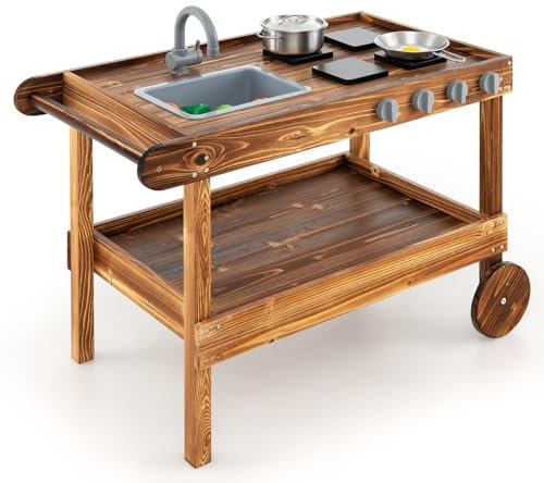 HOMASIS Jouet de Cuisine pour Enfants avec Roues en Bois d'épicéa, Chariot de Cuisine d'extérieur pour Enfants avec évier/évier/casseroles, Cadeau pour Enfants de 3+ Ans, 79 x 42 x 70 cm, Marron