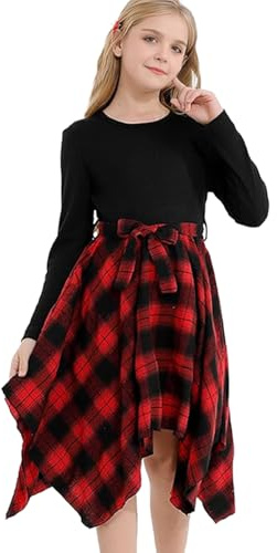 Trsenvrml Girls Christmas Dress Kids High Low Plaid Party Dresses Tween Xmas Casual Long Sleeve Dress Outfits 4-14Y (Red Plaid, 10-12 Years)