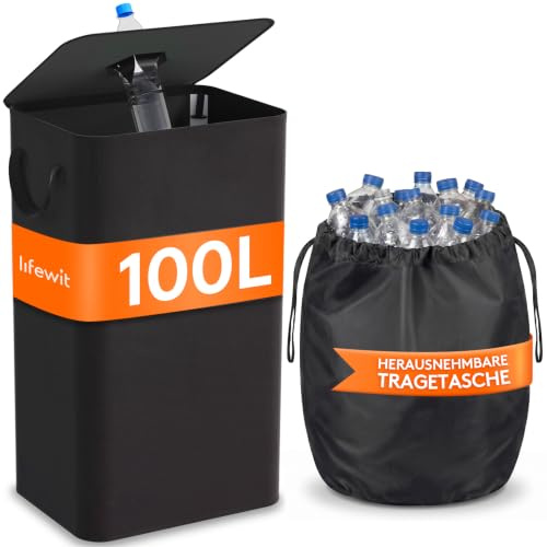 Lifewit 100L Pfandflaschen Sammelbehälter mit Deckel, Groß Pfandflaschen Aufbewahrung, Behälter Leergut & Altglas Aufbewahrung, Flaschensammler mit Loch Küche Abstellraum Flaschentasche, Schwarz