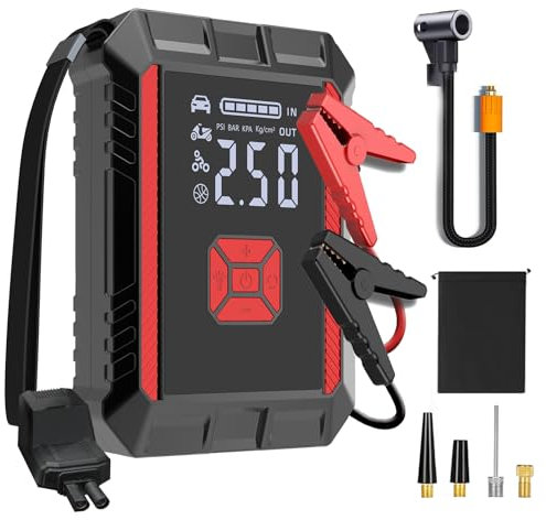 Car Battery Booster Jump Starter Power Pack with Air Compressor, 3000A Emergency Car Jump Starter Power Bank with Jump Leads, USB Powerbank, QC3.0 and LED Torch Safely Starts 7.0L Petrol, 6.5L Diesel