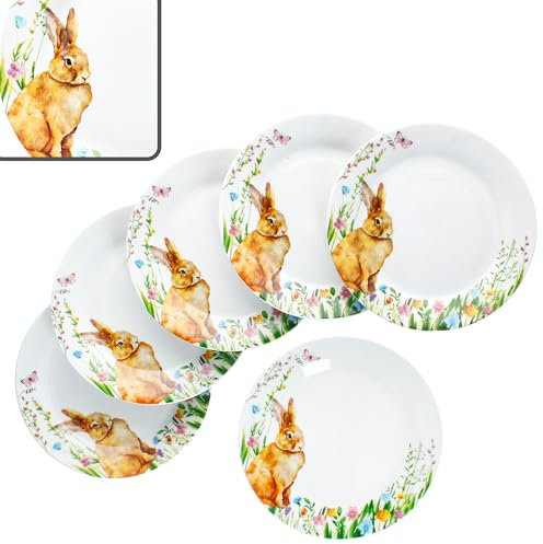 MamboCat Osterfreude Lot de 6 assiettes à gâteau I Diamètre 19,4 cm I Assiettes à petit-déjeuner en porcelaine printanier avec décor lapin de Pâques pour 6 personnes I Petites assiettes pour salade,