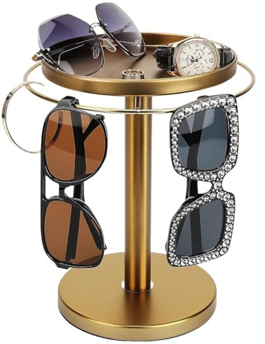 Supporto rotante a 360° per occhiali, organizer per occhiali da sole con vassoio, supporto per occhiali in acciaio inox, supporto per scrivania, comò, tavolo e comodino (nero)