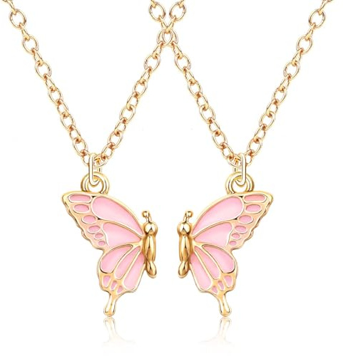 GGUFAY 2PCS Collana dell'amicizia, Farfalla Rosa Collana di Amicizia,Collana Pendente Amicizia,per Regalo di Compleanno per Migliori Amici