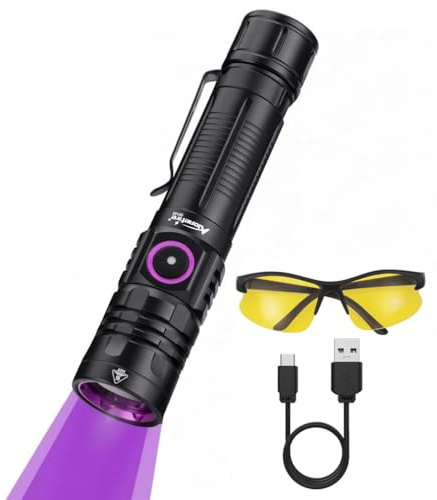Alonefire SV143 Torcia UV LED Professionale 10W 365nm USB C Ricaricabile Potente Lampada Ultravioletti per Resina, Pesca, Rilevatore di Urina, Minerali con Occhiali Protettivi UV, Batteria