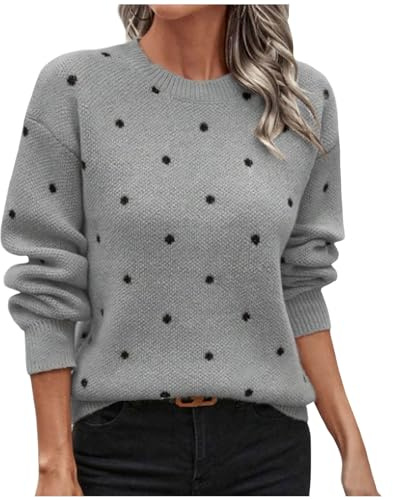 Jumpers for Women UK Crew Neck Polka Dot Long Sleeve Knitted Tops Ladies Casual Elegant Jumper Comfy Soft Pullover Sweaters Autumn Winter Clothing Women's Fashion Gray Plus Size 12-14