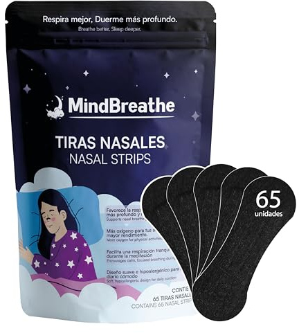 MindBreathe™ Pack 65 Tiras Nasales Negras (Nasal Strips) | Antironquidos y Alivio de Congestión Nasal | Mejora la Respiración al Dormir o Entrenar | Tiras Nasales Deportivas para Nariz y Ronquidos