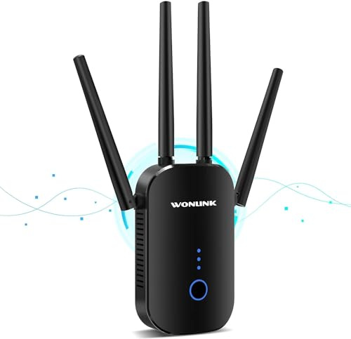 WONLINK Repetidor WiFi, 1200Mbps Amplificador Señal WiFi Doble Banda 5G y 2.4GHz con Puerto Ethernet, 4 Antenas, MU-MIMO, Apoyo Repetidor/Router/Ap Modos para el Hogar y la Oficina, Enchufe-EU