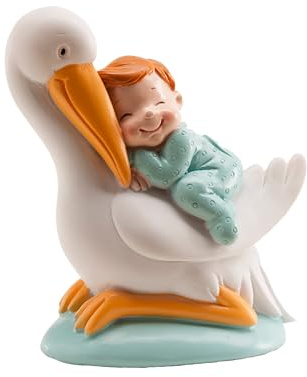 dekora – Décoration Baptême Garçon, Figurine en résine, Cigogne avec Bébé Endormi, 10 cm de Hauteur, Décoration Gâteau Baptême, Design Original et Détaillé, Cake topper Apte au Contact Alimentaire