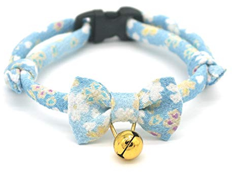 PetSoKoo Bowtie Cat Collar with Bell.Cute Japanese Cherry Blossom Flower.Girl Kitten,Blue